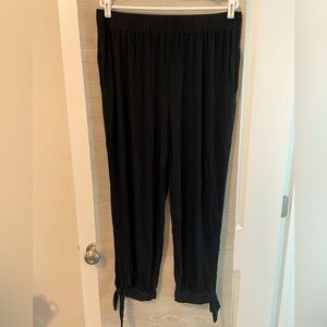 White Birch-Black Flowy Pants w/ Elastic Waistband, Pockets, & Ankle Side Tie